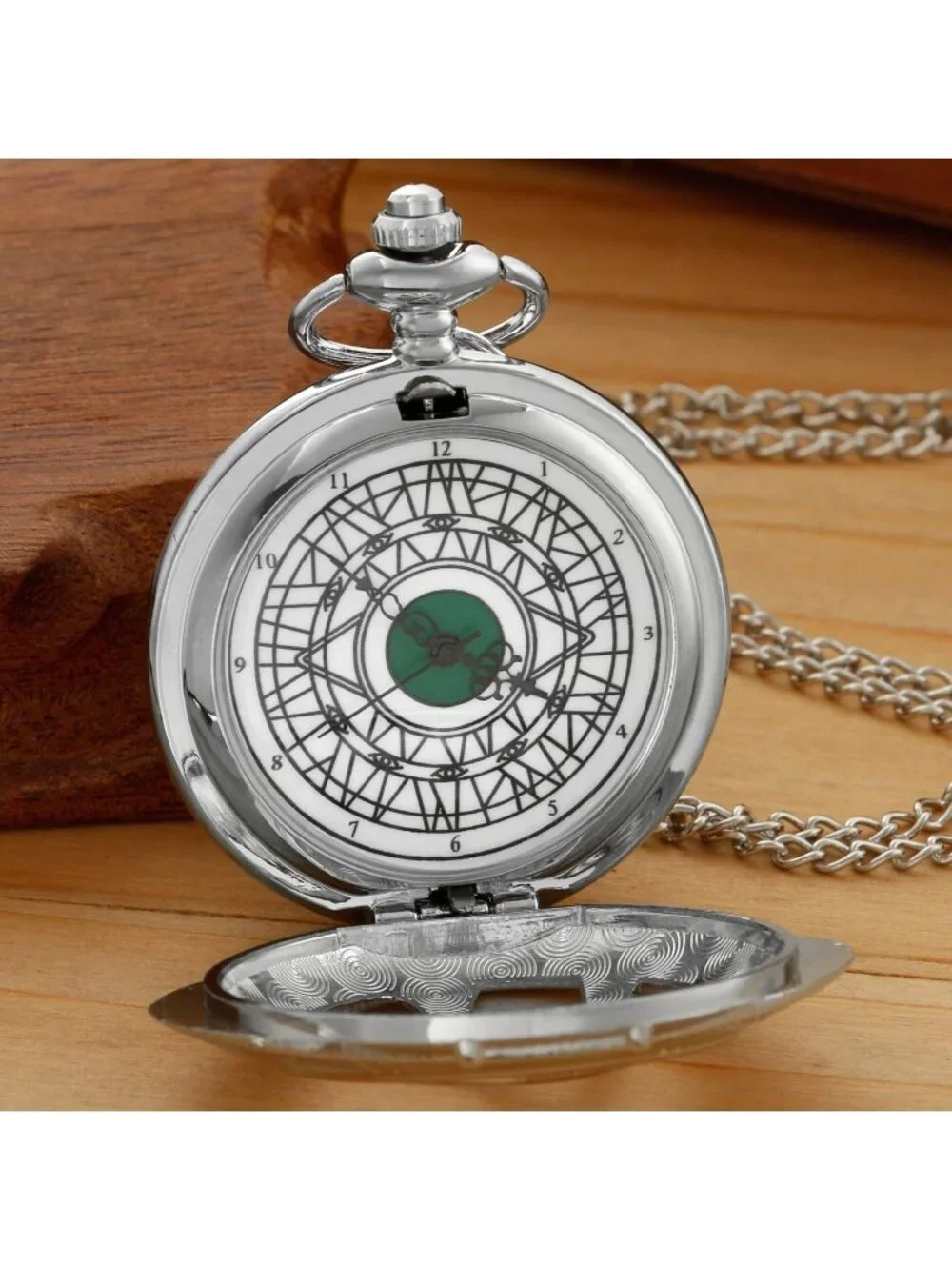Men's Silver Analog Quartz Green Eyes Shape Pendant Necklace Round Pocket Watch